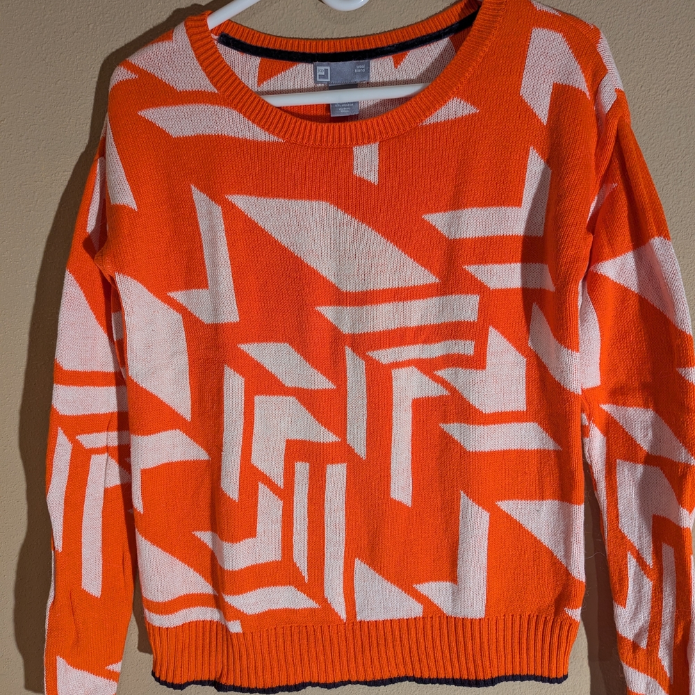 Orange and White Crew Neck Geometric Sweater